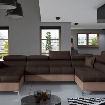 Coltar extensibil stanga 5 locuri ELTAP, Edr-08, Eduardo, 337x205x88 cm, lemn/poliester, maro inchis/maro deschis imagine