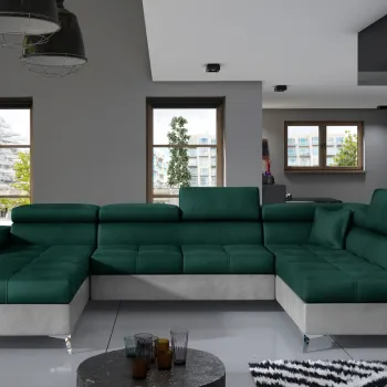 Coltar extensibil stanga 5 locuri ELTAP, Edr-10, Eduardo, 337x205x88 cm, lemn/poliester, verde inchis/gri imagine