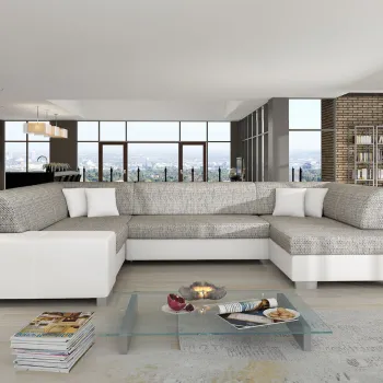 Coltar extensibil stanga 6 locuri ELTAP, Hv13, Havana, 322x204x72 cm, lemn/poliester, gri/alb imagine