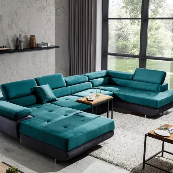 Coltar extensibil stanga 6 locuri ELTAP, Rod-67, Rodrigo, 345x202x90 cm, lemn/poliester, verde/gri inchis imagine