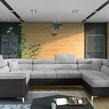 Coltar extensibil stanga 6 locuri ELTAP, Th_31, Thiago, 342x208x88 cm, lemn/poliester, gri deschis/negru imagine