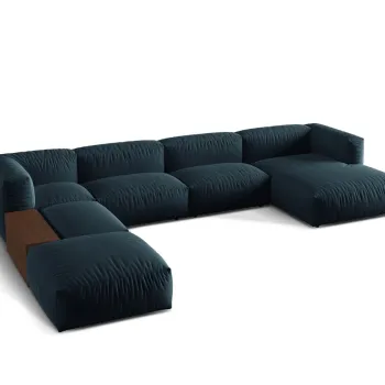 Coltar panoramic dreapta 5 locuri design modular, Martina-169, Micadoni Home, 406x280x75 cm, tesatura structurata catifelata, albastru jeans imagine