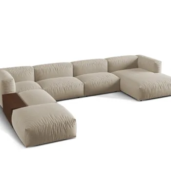 Coltar panoramic dreapta 5 locuri design modular, Martina-169, Micadoni Home, 406x280x75 cm, tesatura structurata catifelata, bej deschis imagine