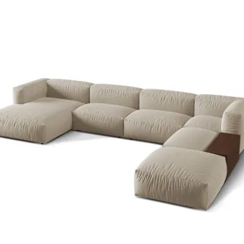 Coltar panoramic stanga 5 locuri design modular, Martina-169, Micadoni Home, 406x280x75 cm, tesatura structurata catifelata, bej deschis imagine