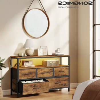 Comoda cu 5 sertare si iluminare LED, Songmics, priza integrata, 98.7x30x68.1 cm, maro rustic/negru imagine