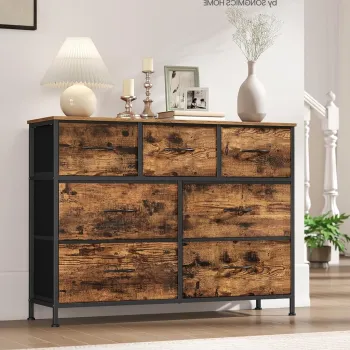 Comoda cu 7 sertare, Songmics, otel, 98.8x30x73.7 cm, maro rustic/negru imagine