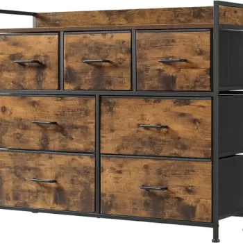 Comoda cu 7 sertare textile, Vasagle, 98 x 28.5 x 85 cm, otel/poliester/tesatura Oxford, maro rustic imagine