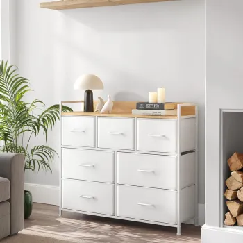 Comoda cu 7 sertare textile, Vasagle, 98x28.5x85 cm, max 36 kg, otel/material nesetut, alb nor imagine