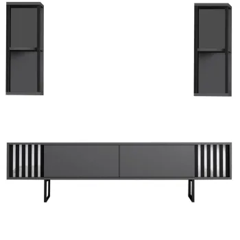 Comoda TV, Bexley, Chrome Line, 180x30x48 cm, PAL, Antracit / Negru imagine