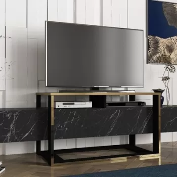 Comoda TV Bianco, Talon, 160 x 46.1 x 49.8 cm, negru/auriu imagine