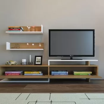 Comoda TV cu 2 rafturi, Decorotika, Ayaz, pal melaminat, alb/stejar imagine