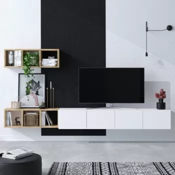 Comoda TV cu 2 rafturi, Emerald, Pia, pal melaminat, alb/stejar imagine