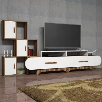 Comoda TV cu 2 rafturi, Hommy Craft, Flora S, pal melaminat, nuc/alb imagine