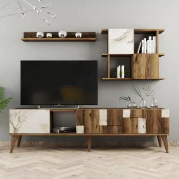 Comoda TV cu 2 rafturi, Hommy Craft, Madrid, pal melaminat, alb/nuc imagine