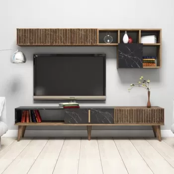 Comoda TV cu 2 rafturi, Hommy Craft, Milan, pal melaminat, nuc/negru imagine