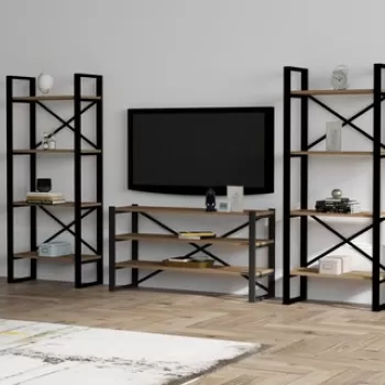 Comoda TV cu 2 rafturi, Puqa Design, Egzotik, pal melaminat/metal, nuc imagine