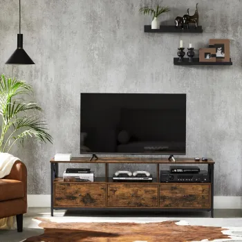 Comoda TV cu 3 sertare si compartimente, Vasagle, 147x40x50 cm, TV pana la 65 inch, otel/PAL, maro imagine