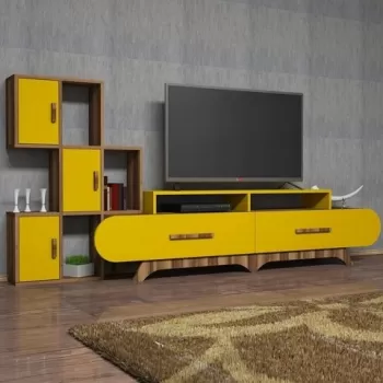 Comoda TV cu dulap Flora S, Hommy Craft, galben/maro imagine