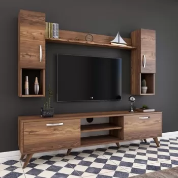 Comoda TV cu raft de perete si 2 cabinete M27 - 284, Wren, 180 x 35 x 48.6 cm/133 cm, walnut imagine