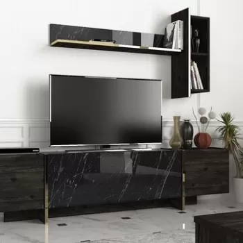 Comoda TV cu raft de perete Veyron, Talon, 180 x 45 cm/121.6 x 45 cm, negru/auriu imagine