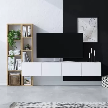 Comoda TV cu raft, Emerald, Pana, pal melaminat, alb/stejar imagine