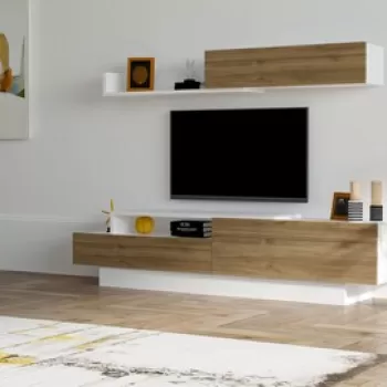 Comoda TV cu raft, Puqa Design, Elda, pal melaminat, alb/nuc imagine