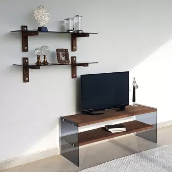 Comoda TV cu rafturi de perete Neostill TV102, 120 x 45 cm/85 x 25 cm, walnut imagine