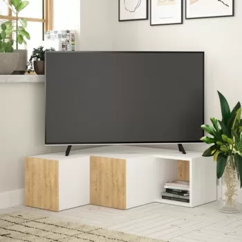 Comoda TV, Decortie, Compact, 90 x 32 x 92 cm, pal melaminat, alb/stejar imagine