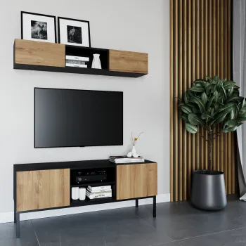 Comoda TV ELTAP, Lanzzi, 120x40x50 cm, MDF laminat, negru/stejar imagine