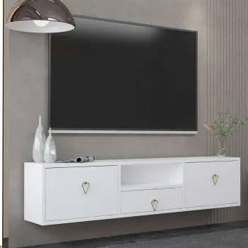 Comoda TV, Hanah Home, 1303-DROP-1, 140x30x30 cm, PAL , Alb/Auriu imagine