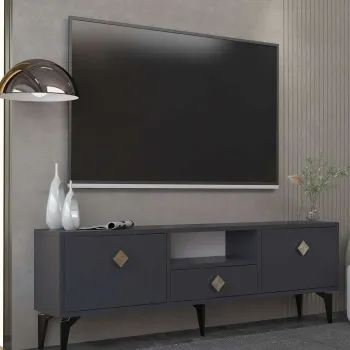 Comoda TV, Hanah Home, 1304-DROP-1, 140x49x30 cm, PAL , Antracit / Aur imagine
