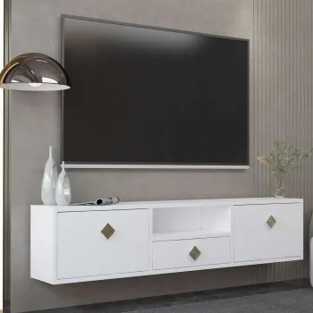 Comoda TV, Hanah Home, 1305-DROP-1, 140x30x30 cm, PAL , Alb/Auriu imagine