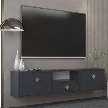 Comoda TV, Hanah Home, 1305-DROP-1, 140x30x30 cm, PAL , Antracit / Aur imagine