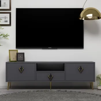 Comoda TV, Hanah Home, 1311-DROP-32, 140x45x30 cm, PAL , Antracit / Negru / Auriu imagine