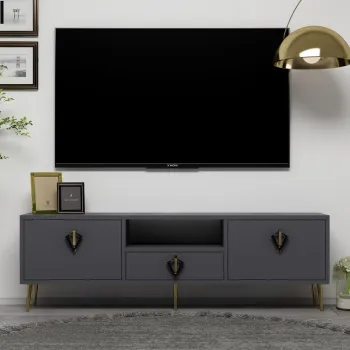 Comoda TV, Hanah Home, 1312-DROP-32, 140x45x30 cm, PAL , Antracit / Negru / Auriu imagine