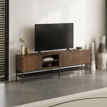 Comoda TV, Hanah Home, Amira, 180x55x35 cm, PAL, Nuc Milano / Negru lemn / Negru imagine