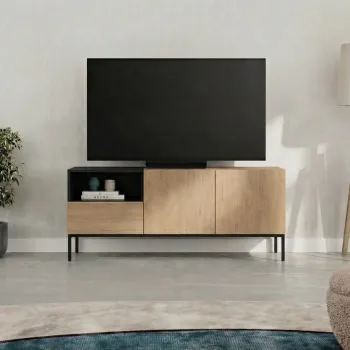 Comoda TV, Hanah Home, Cailin 140, 140x55x41.8 cm, PAL, Stejar Sepet / Lemn Negru / Negru imagine
