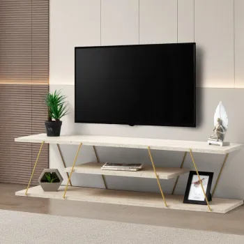 Comoda TV, Hanah Home, Canaz, 120x33x30 cm, Travertin / Auriu imagine