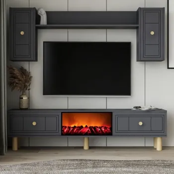 Comoda TV, Hanah Home, Dario Bohem Fireplace, 150x44.6x29.6 cm, PAL , Antracit imagine