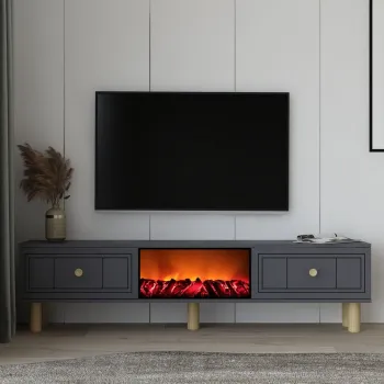 Comoda TV, Hanah Home, Dario Bohem Fireplace, 150x44.6x29.6 cm, PAL , Antracit imagine