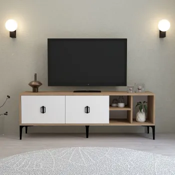 Comoda TV, Hanah Home, Era 3504, 150x50x35 cm, PAL, Stejar Safir / Alb imagine