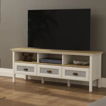 Comoda TV, Hanah Home, FRN-21030, 149.6x58x44.2 cm, PAL, Crem / Stejar / Gri imagine