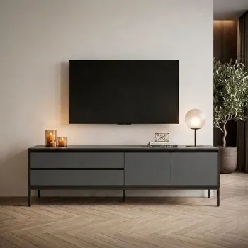 Comoda TV, Hanah Home, Lorenza, 180x55x40 cm, PAL, Antracit / Negru lemn / Negru imagine