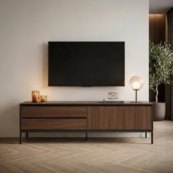 Comoda TV, Hanah Home, Lorenza, 180x55x40 cm, PAL, Nuc Milano / Negru lemn / Negru imagine
