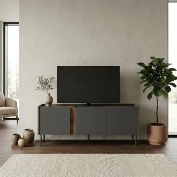 Comoda TV, Hanah Home, Lucile, 140x53.9x35.5 cm, PAL, Antracit / Stejar Septentrional / Negru imagine
