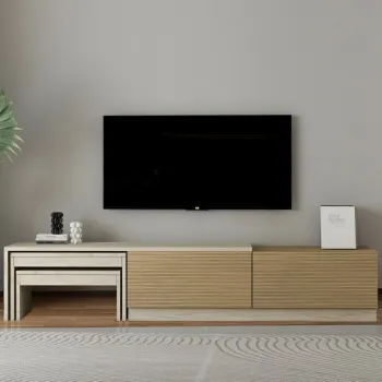 Comoda TV, Hanah Home, Nest, 180x36x30 cm, PAL, Travertin / Stejar cald imagine