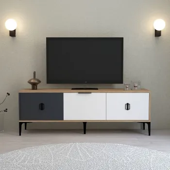 Comoda TV, Hanah Home, Neva 3501, 150x50x35 cm, PAL, Stejar / Alb / Antracit imagine