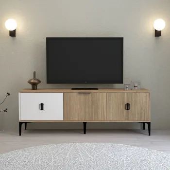 Comoda TV, Hanah Home, Neva 3502, 150x50x35 cm, PAL, Stejar / Alb imagine