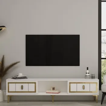 Comoda TV, Hanah Home, Orion, 150x44.6x29.6 cm, PAL , Alb/Auriu imagine