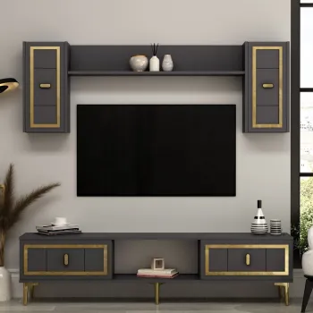 Comoda TV, Hanah Home, Orion, 150x44.6x29.6 cm, PAL , Antracit / Aur imagine